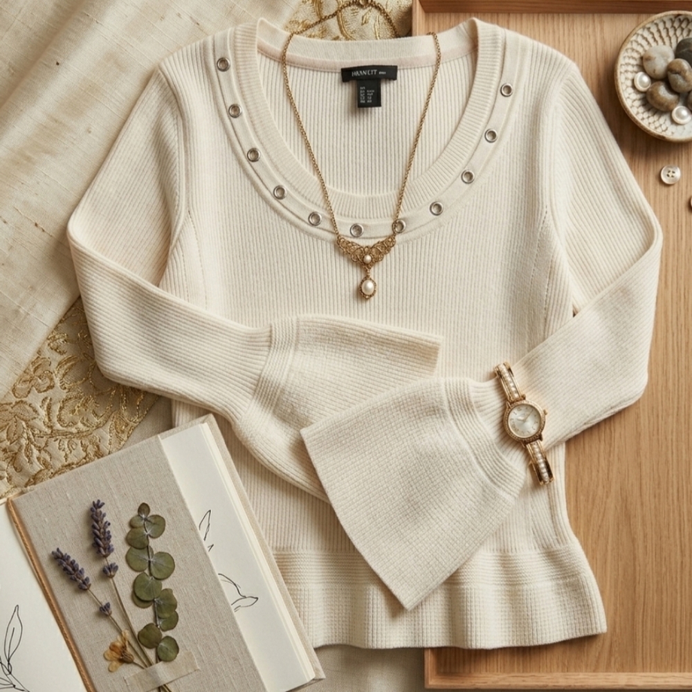 Ivanka Trump XL Cream Hardware Accent Grommet Pullover Sweater Poised Playful